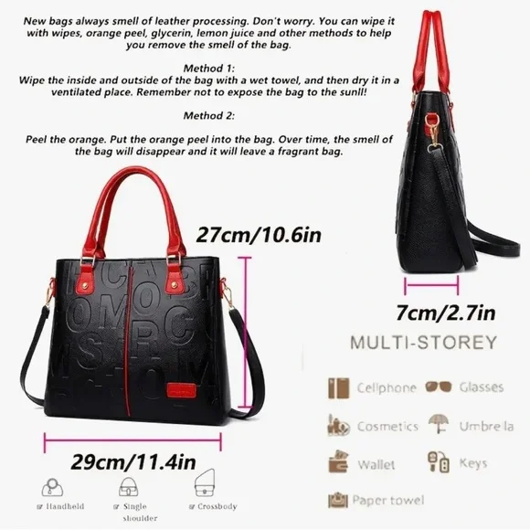 Perfect Lily Black Embossed Letter Tote Bag Red Handle Crossbody NIP - Picture 3 of 12